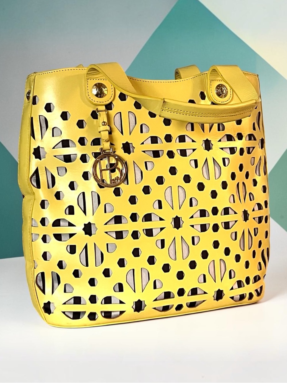 Henri Bendel Yellow Laser-Cut Floral Centennial Stripe Shopper Tote Bag